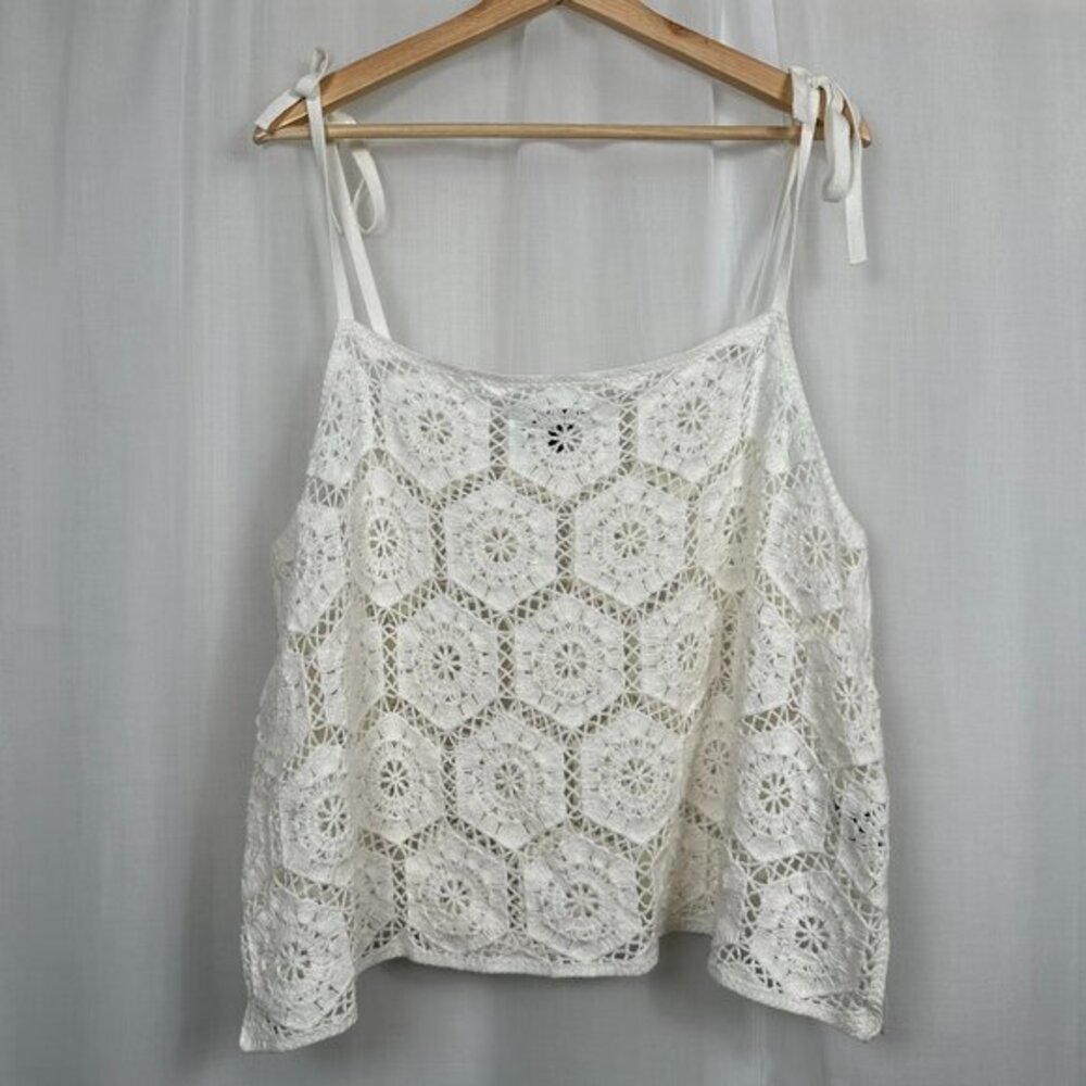 Torrid Tank Top 0/Large Crochet Open Knit Tie Straps Boho Hippie Festival Cream